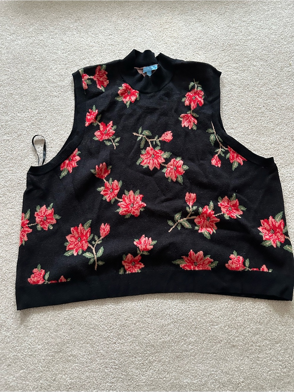 Draper James Black Sleeveless Knit Top with Red Floral Motif